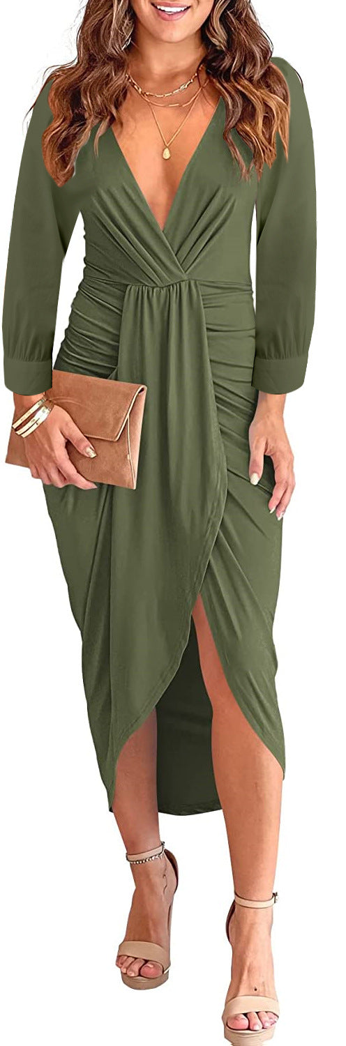 Damen Wickel-Kleid mit tiefem V-Ausschnitt und seitlichem Schlitz Fudus