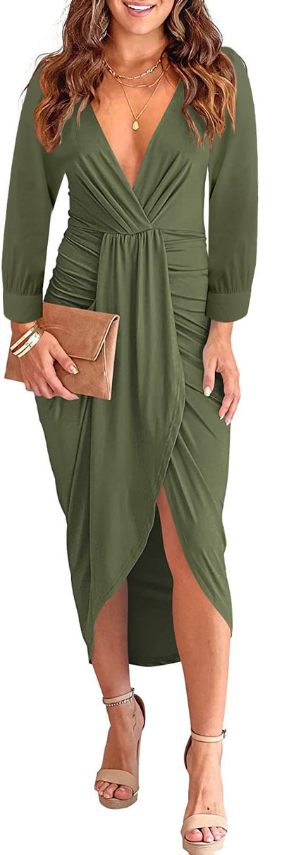 Damen Wickel-Kleid mit tiefem V-Ausschnitt und seitlichem Schlitz Fudus