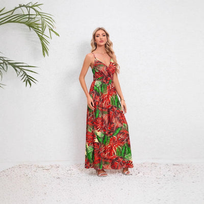 Damen Maxikleid mit zartem V-Ausschnitt und buntem Pflanzenmuster Fudus