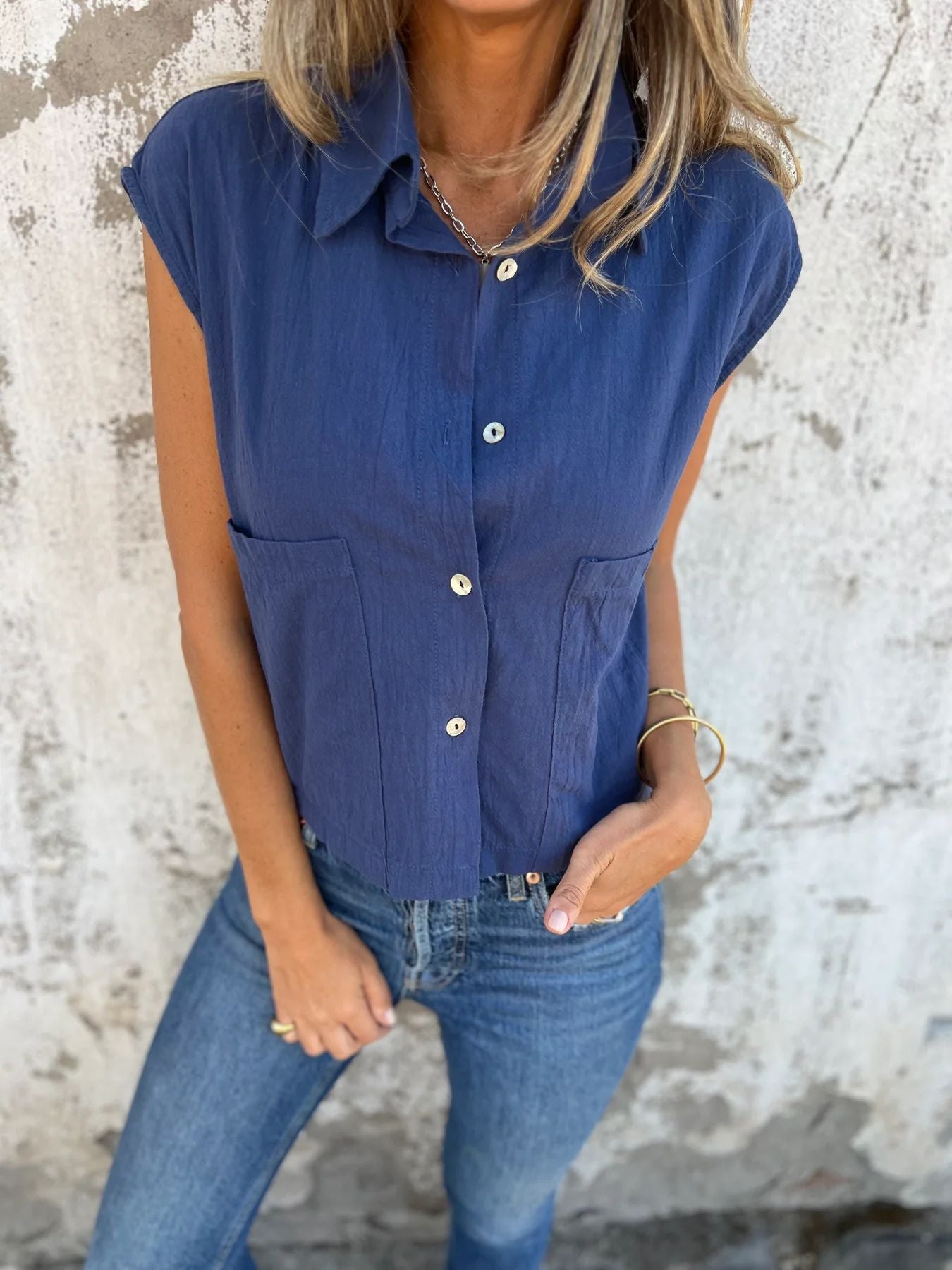 Denim Bluse mit Knopfleiste und Kurzen Ärmeln für Damen – Lena