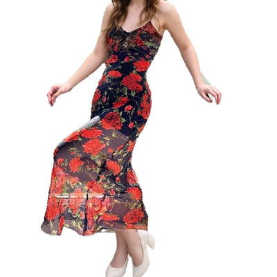 Damen Maxikleid mit floralen Details und leicht transparentem Stoff Fudus