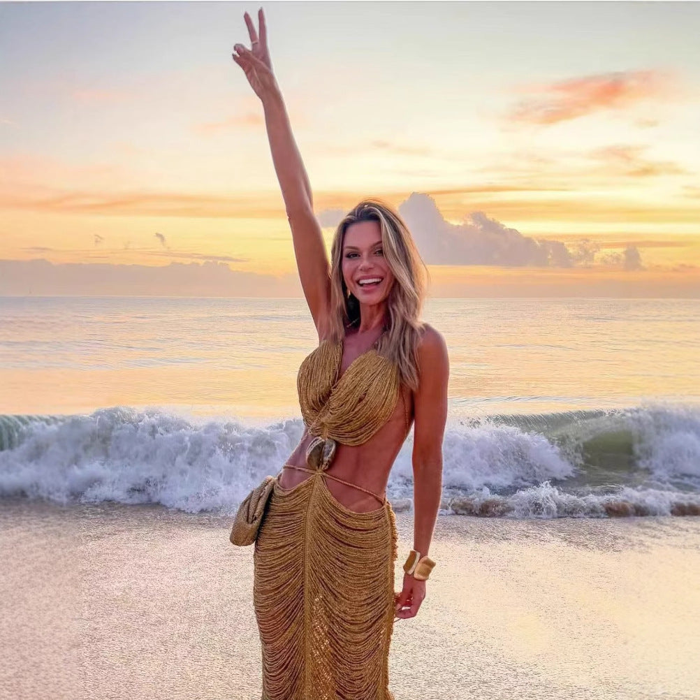 Damen Fransen Maxikleid mit hochgeschlossenem Design Fudus