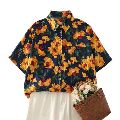 Damen Kurzarmhemd mit buntem Blumenmuster und elastischem Stoff Fudus
