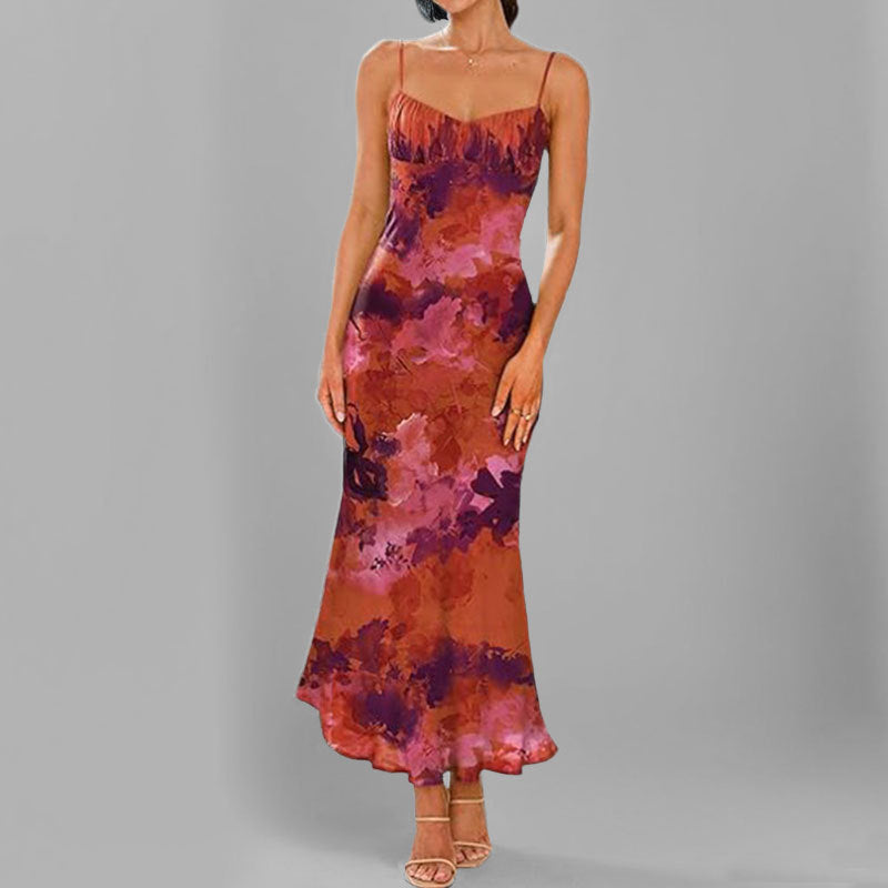 Damen Maxikleid mit feinen Spaghettiträgern und blumigem Design Fudus