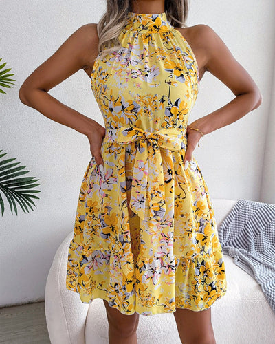 Damen Retro-Sommerkleid mit hochgeschlossenem Kragen und fließendem Saum Fudus