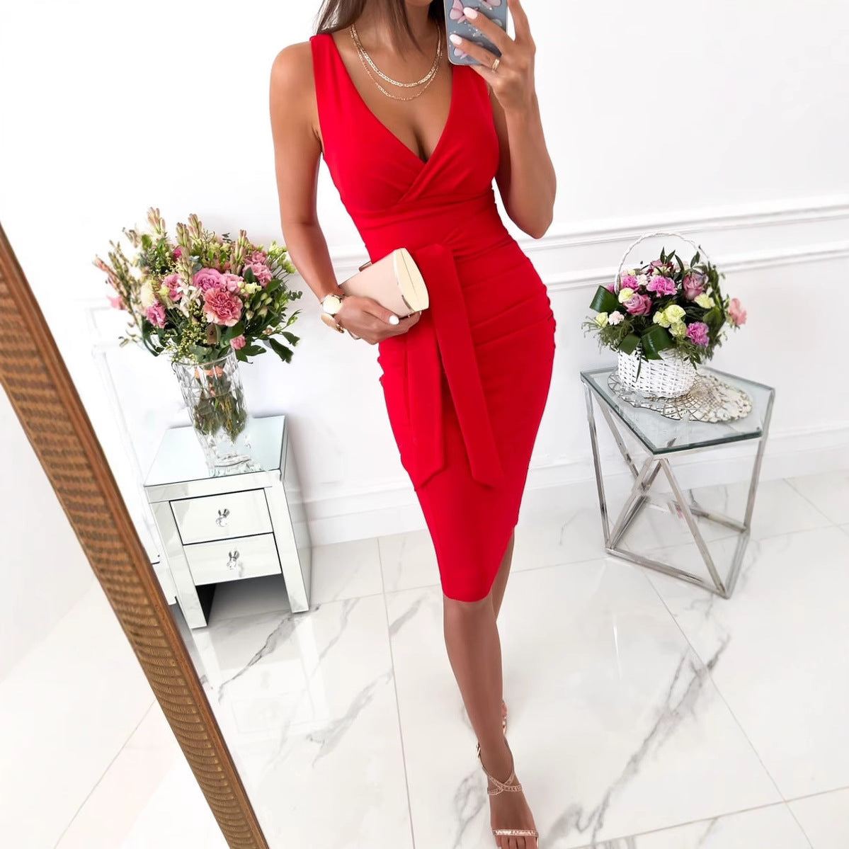 Damen körpernahes Wickelkleid mit V-Ausschnitt und raffinierten Akzenten Fudus