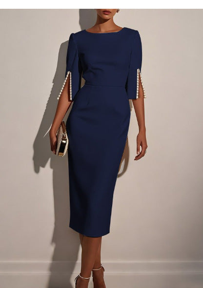 Damen elegantes Hochzeitskleid mit langen Ärmeln und Perlenverzierungen Fudus