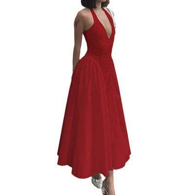 Damen Maxikleid mit tiefem V-Ausschnitt und schwingendem Rock Fudus