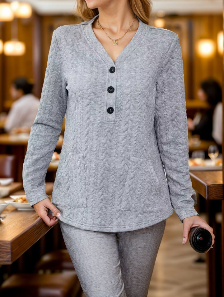 Damen Freizeitpullover mit Druckknöpfen und praktischen Taschen Fudus