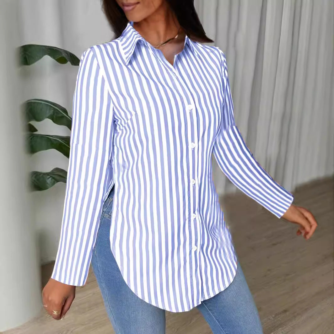 Damen klassische gestreifte Bluse mit modernem Schnitt und feinen Details Fudus