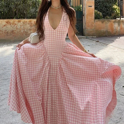 Damen Maxikleid mit V-Ausschnitt und weich fließendem Rock Fudus