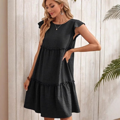 Damen lässiges Kurzkleid mit fröhlichen Rüschen und voluminösem Schnitt Fudus