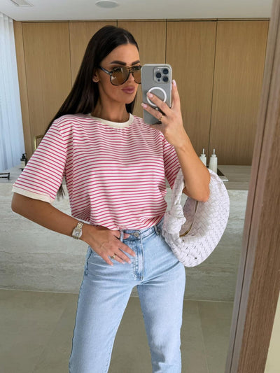 Damen lässiges gestreiftes T-Shirt aus hochwertiger Baumwolle Fudus