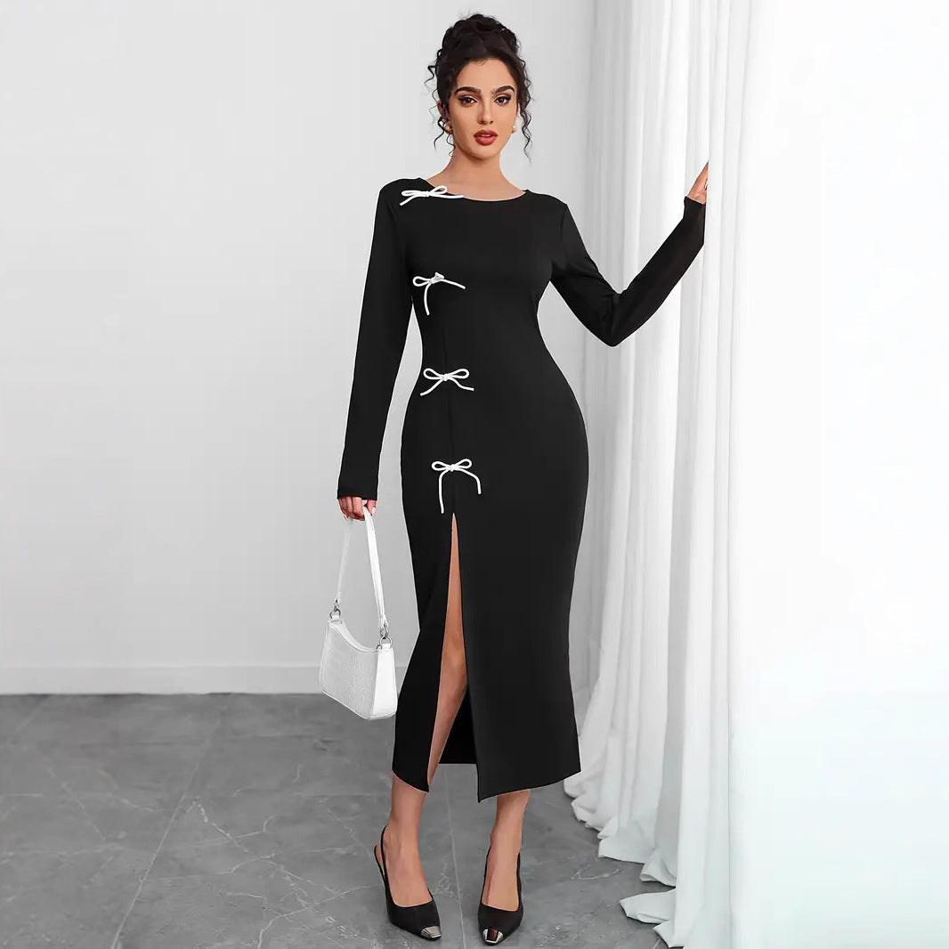 Damen elegantes Maxikleid mit raffinierten Schnürdetails und hohem Schlitz Fudus