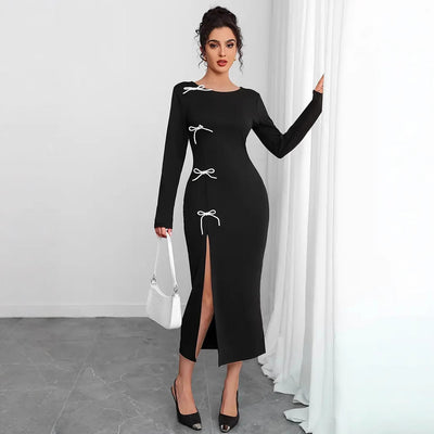 Damen elegantes Maxikleid mit raffinierten Schnürdetails und hohem Schlitz Fudus