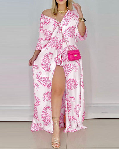 Damen Maxi-Kleid mit verspieltem Paisleymuster und raffiniertem Schlitz Fudus