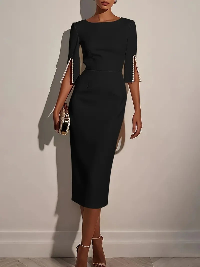 Damen elegantes Hochzeitskleid mit langen Ärmeln und Perlenverzierungen Fudus