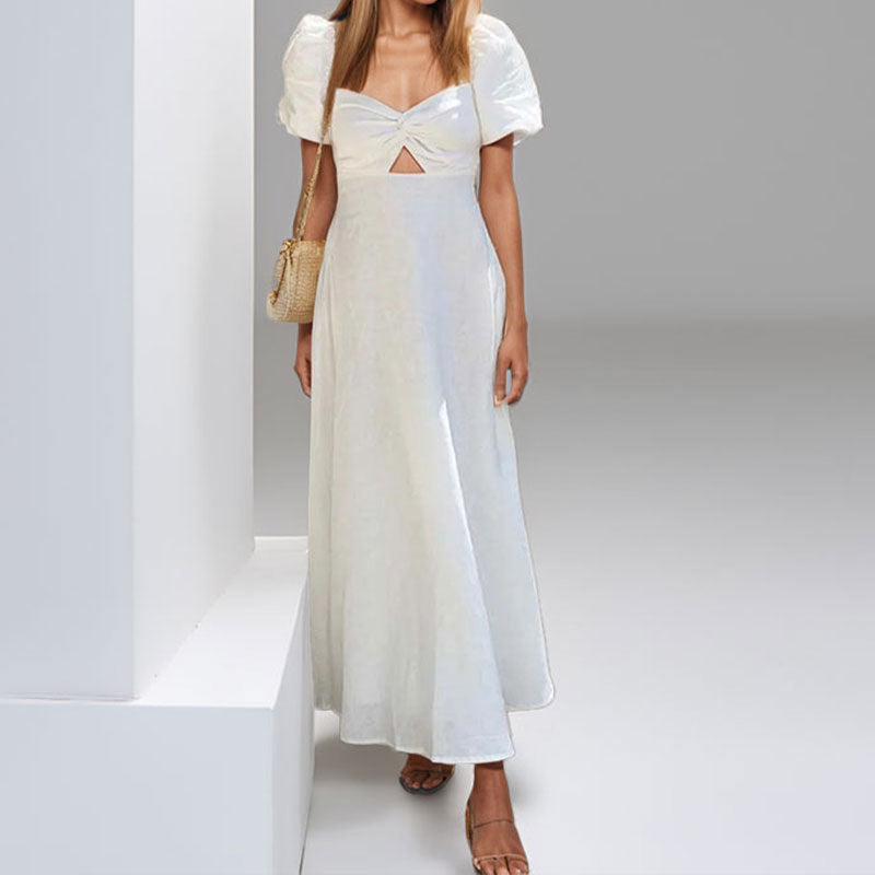 Damen Maxikleid mit gerafften Puffärmeln und schickem Ausschnitt Fudus