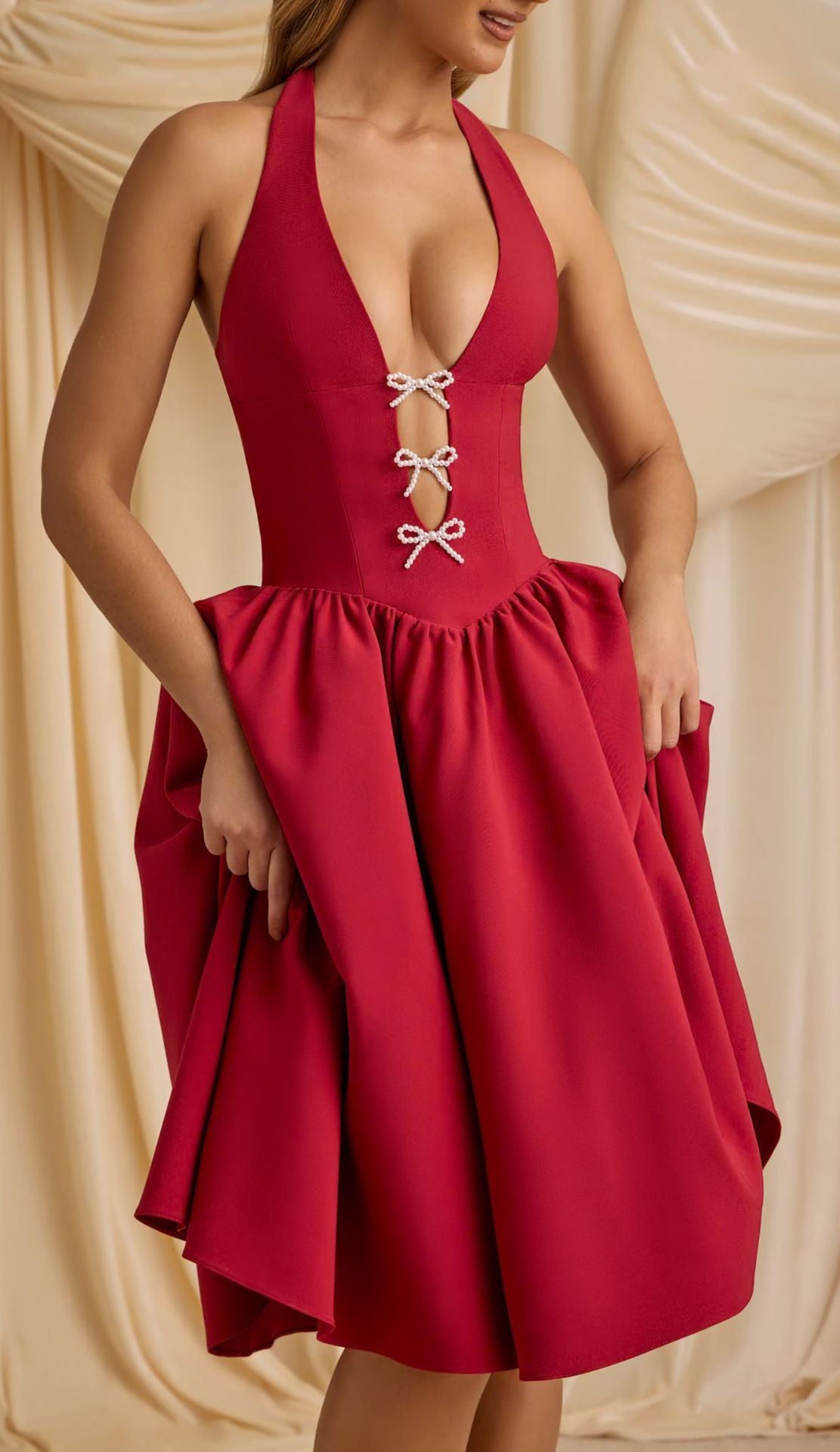 Damen Abendkleid mit tiefem V-Ausschnitt und eleganten Schleifen Fudus