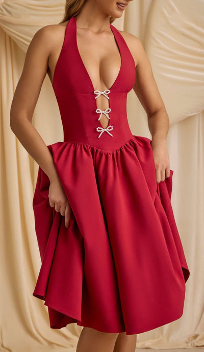 Damen Abendkleid mit tiefem V-Ausschnitt und eleganten Schleifen Fudus