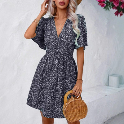 Damen Blumenkleid mit schickem V-Ausschnitt und voluminösen Ärmeln Fudus