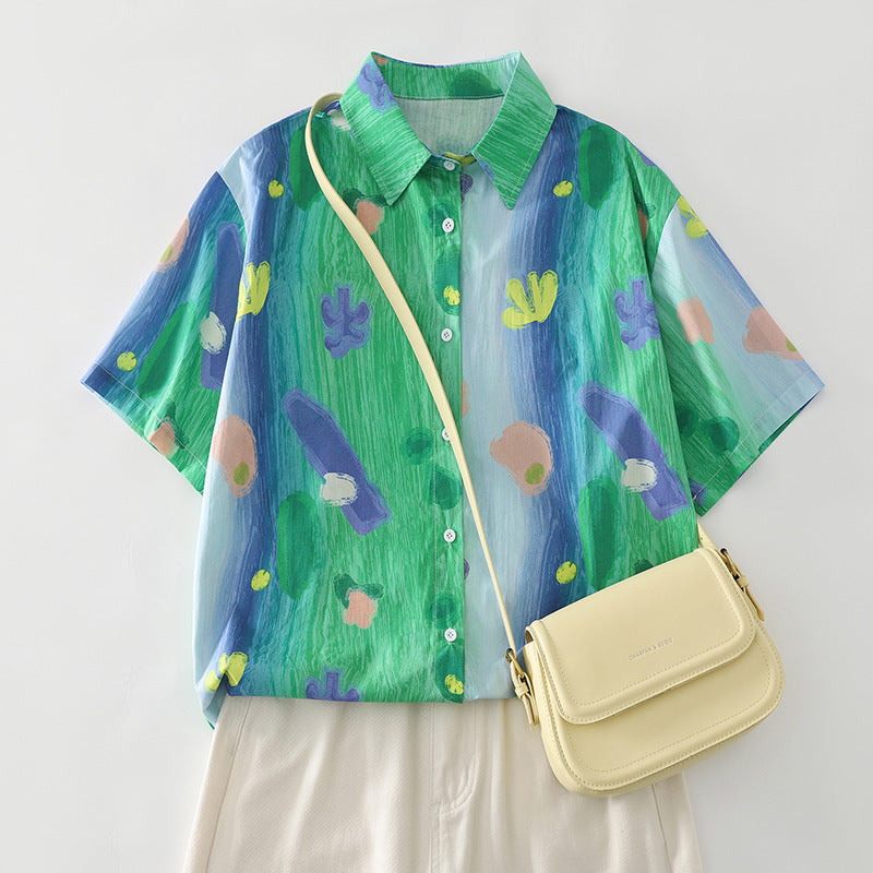 Damen Kurzarmbluse mit buntem Muster und entspannter Passform Fudus