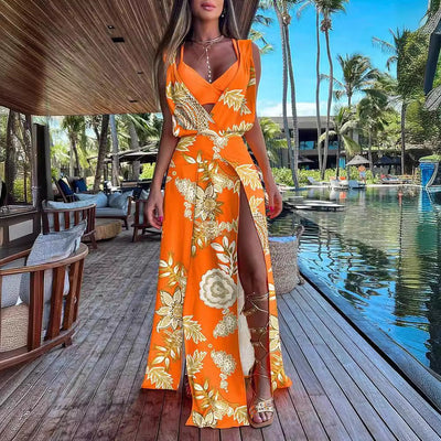 Damen Maxi-Kleid mit Auffälligem Tropenmotiv und Elegantem Schlitz Fudus