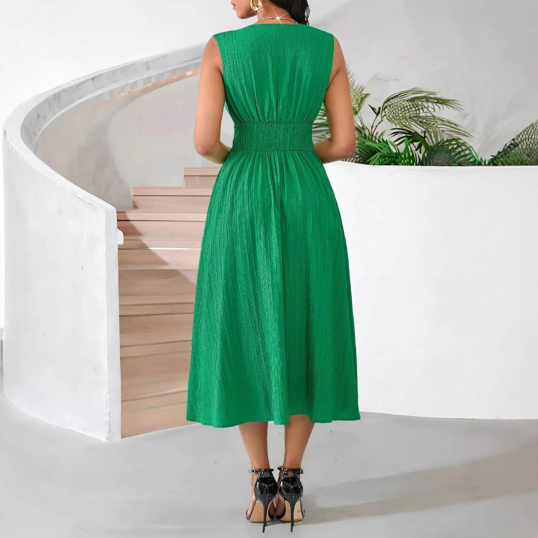 Damen Midi-Wickelkleid mit feiner Textur und elastischem Taillenband Fudus