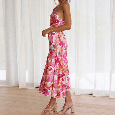 Damen Spitzen-Maxikleid mit einseitigem Träger und floralem Muster Fudus