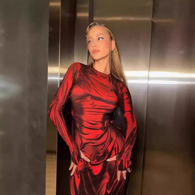 Damen Elegantes Langarmkleid aus glänzendem Stoff Fudus