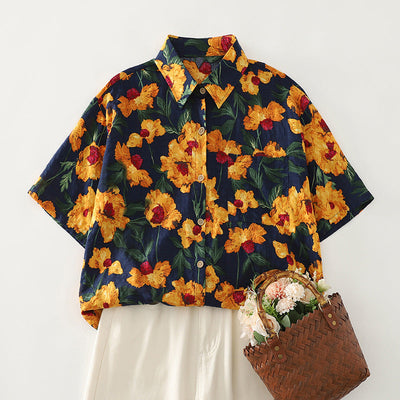 Damen Kurzarmhemd mit buntem Blumenmuster und elastischem Stoff Fudus