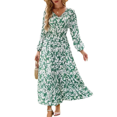 Damen Freizeit Maxi-Kleid mit floralen Details und V-Ausschnitt Fudus