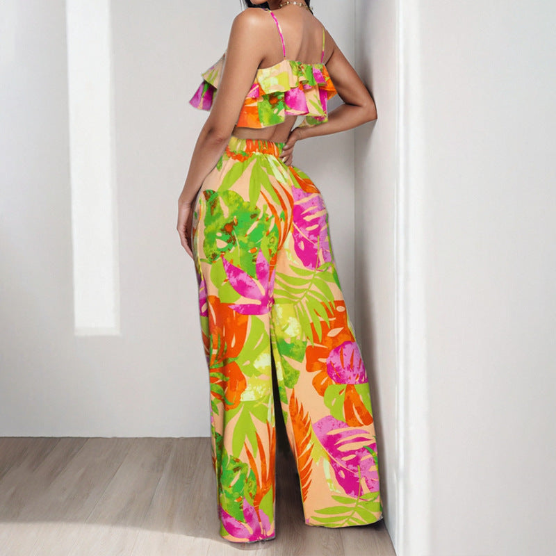 Damen Zweiteiliges Sommeroutfit mit Rüschenshirt und weiten Hosen Fudus