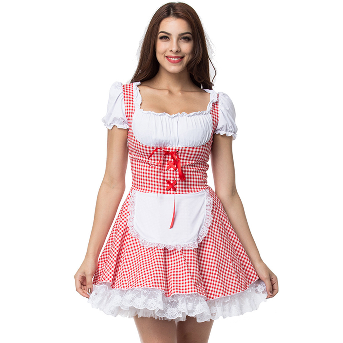 Damen Kariert Schulterfrei Oktoberfest Dirndl Kleid