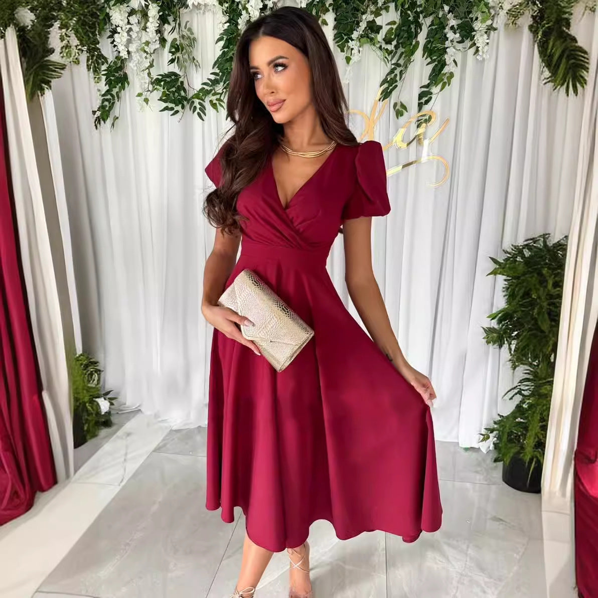 Damen elegantes Wickelkleid mit kurzen Puffärmeln und skulpturalem V-Ausschnitt Fudus