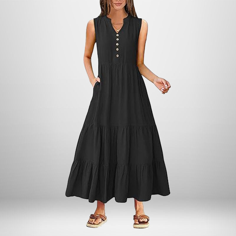 Damen Maxi-Kleid mit knielangen Ärmeln und modischen Knopfdetails Fudus