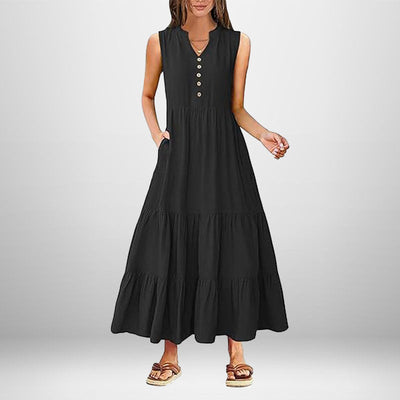 Damen Maxi-Kleid mit knielangen Ärmeln und modischen Knopfdetails Fudus