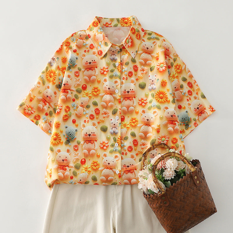 Damen Kurzarmhemd mit verspieltem Tier- und Blumenmuster Fudus