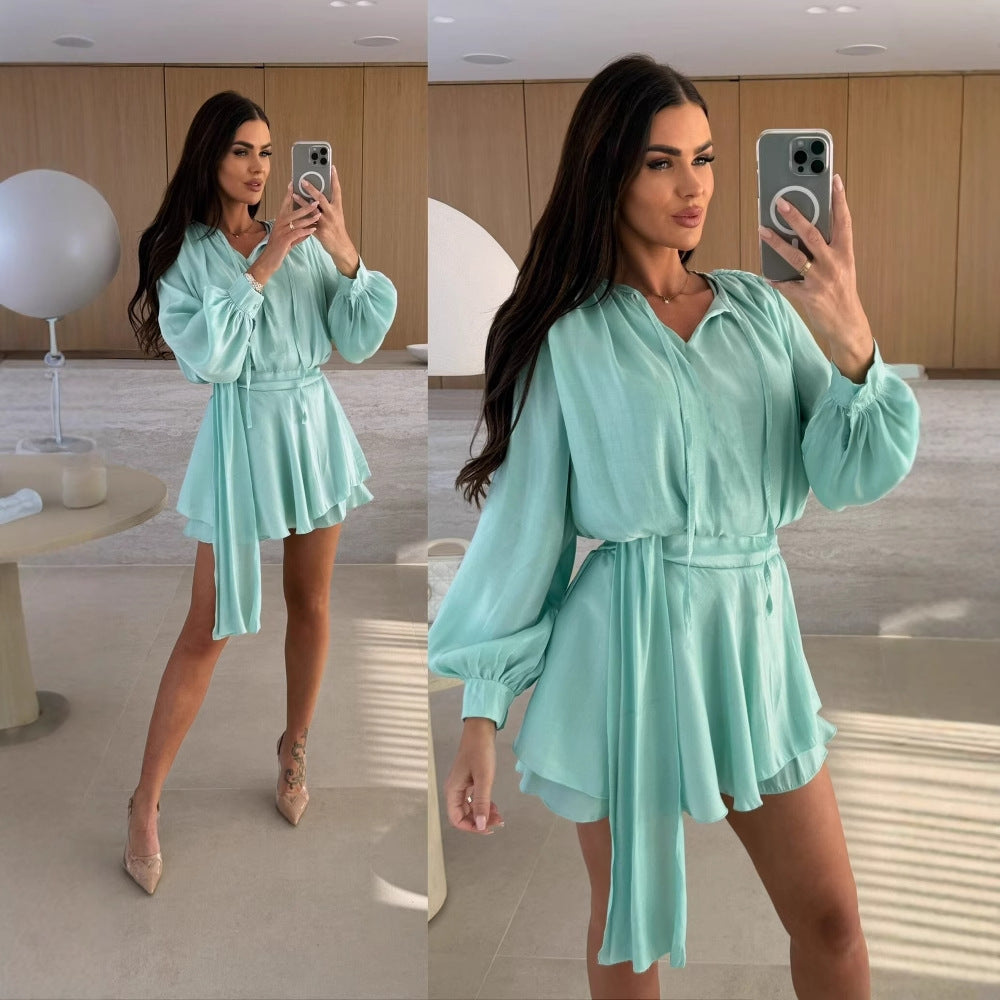 Damen luftiges Minikleid mit eleganter Schlaufe und voluminösen Ärmeln Fudus