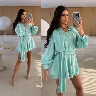 Damen luftiges Minikleid mit eleganter Schlaufe und voluminösen Ärmeln Fudus