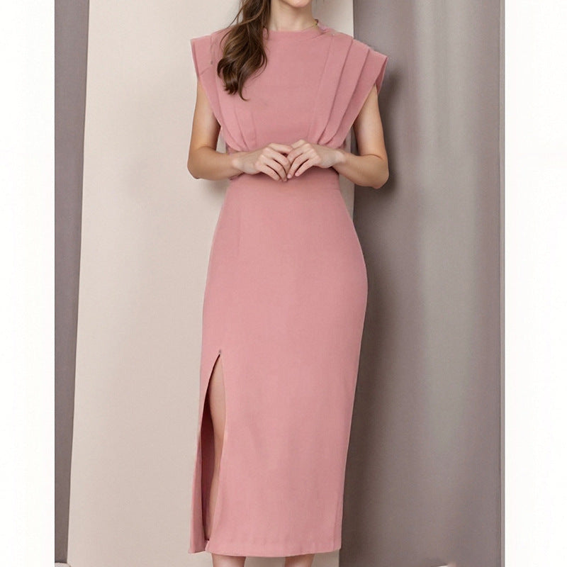 Damen elegantes Midikleid mit Plisseedetails und hohem Schlitz Fudus