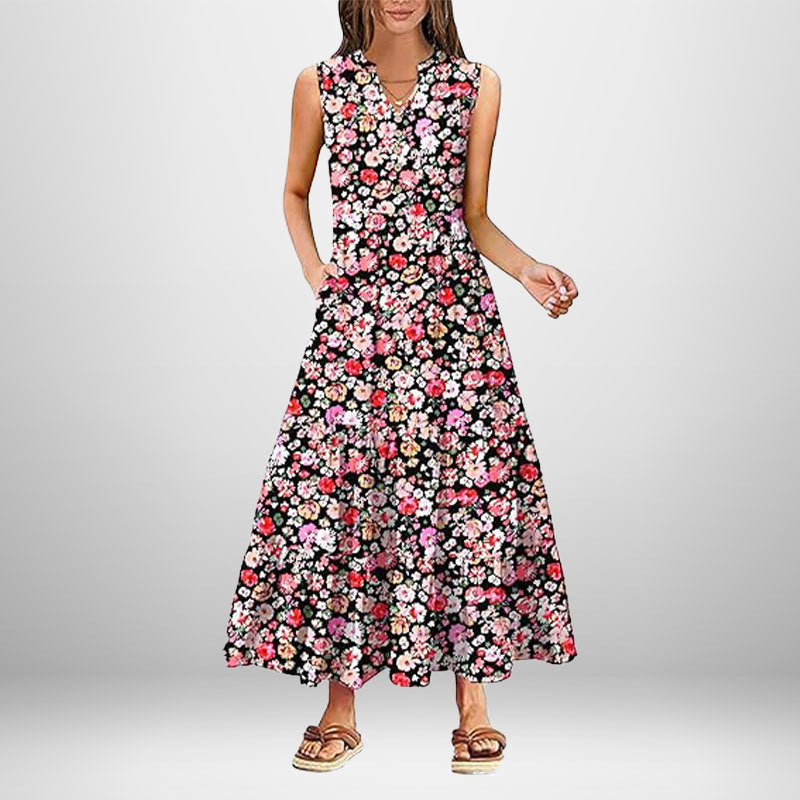Damen Maxi-Kleid mit knielangen Ärmeln und modischen Knopfdetails Fudus