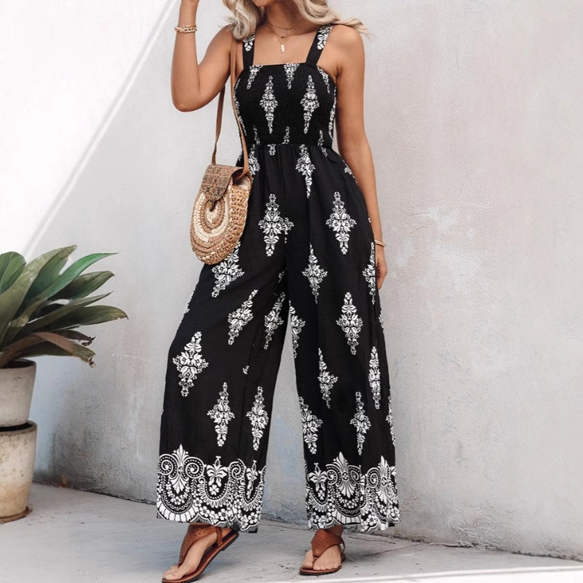 Damen luftiger Jumpsuit mit floralem Design und praktischen Taschen Fudus