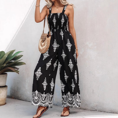 Damen luftiger Jumpsuit mit floralem Design und praktischen Taschen Fudus