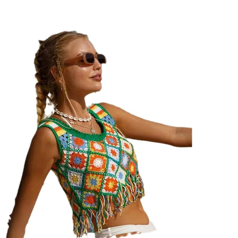 Damen gehäkeltes Sommeroberteil mit fransigen Details Fudus