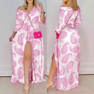 Damen Maxi-Kleid mit verspieltem Paisleymuster und raffiniertem Schlitz Fudus