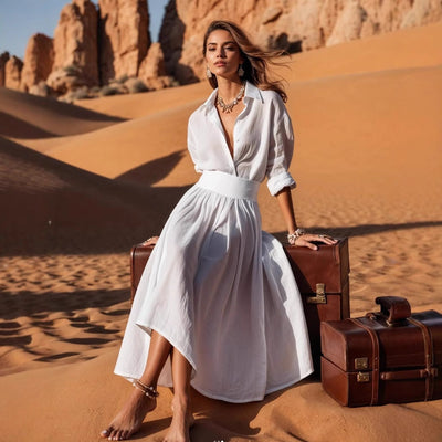 Damen Hemdblusenkleid mit eleganter Taille und fließendem Rock Fudus