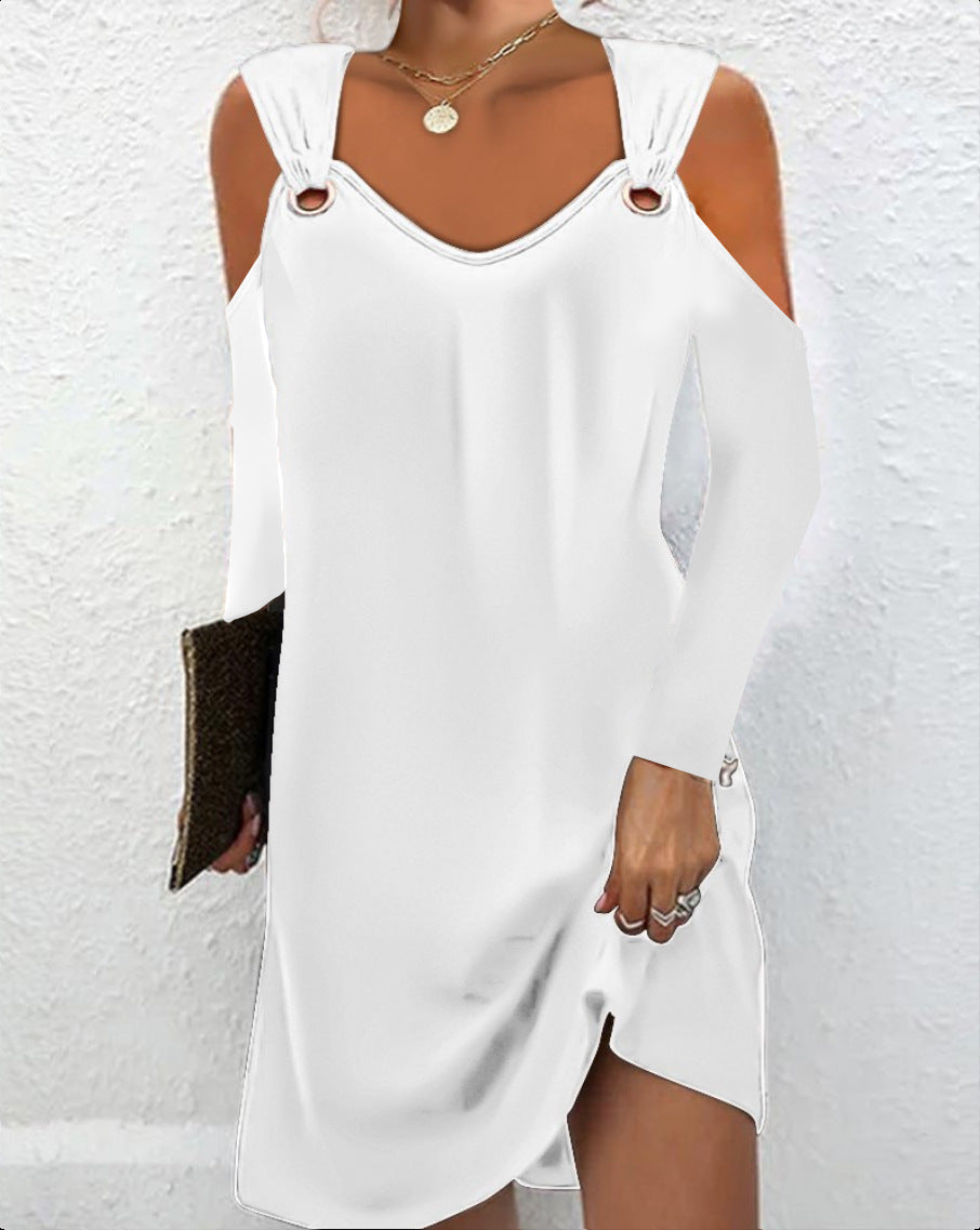 Damen elegantes Kleid mit kaltem Schulterdesign und dekorativen Ringen Fudus