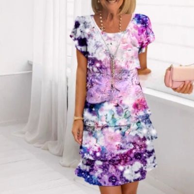 Damen Fließendes Maxi-Kleid mit eleganten Volant-Details und kreativem Grafikmuster Fudus