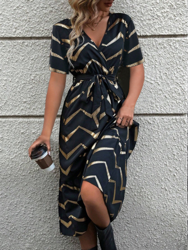 Damen Elegantes Wickelkleid mit grafischem Muster und Taillengürtel Fudus